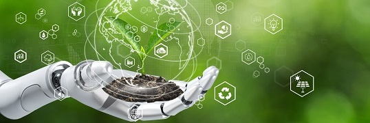 Sustainable development goal (SDGs) concept. Robot hand holding small plants with Environment icon. Green technology and Environmental technology.Artificial Intelligence and Technology ecology.esg