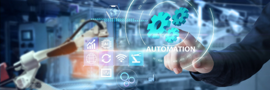 Automation smart robotic industry 4.0 concept.Man hands pointing at virtual blue gears on blurred robot arm and factory as background